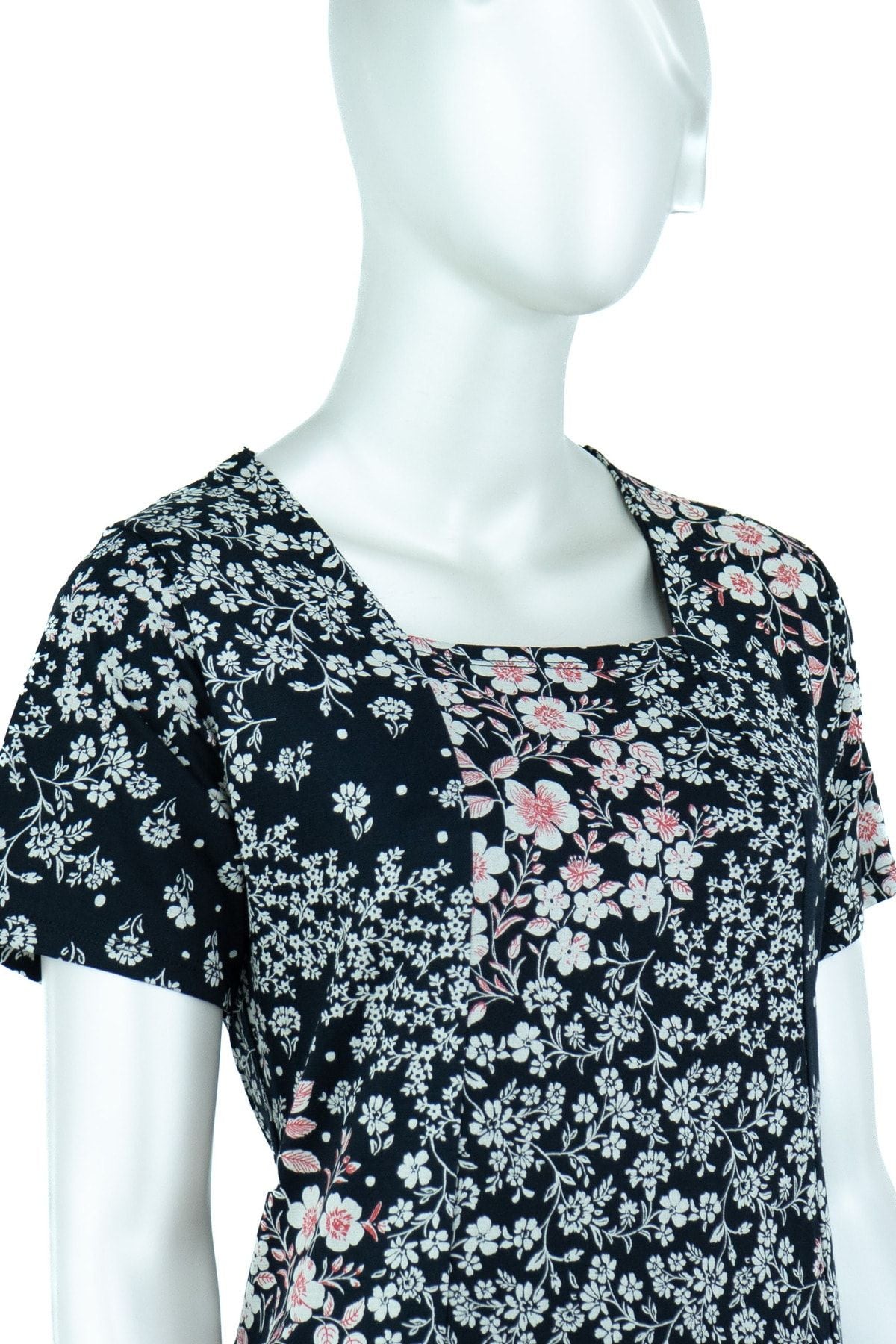 Kadın Şık Çiçek Desenli Kısa Kollu Tam Kalıp Likralı Viskon Kumaş Klasik Diz Altı Elbise